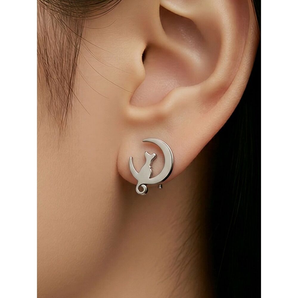 Cat Crescent Moon Stud Earrings Silver Stainless Steel Celestial Kitty Lover New